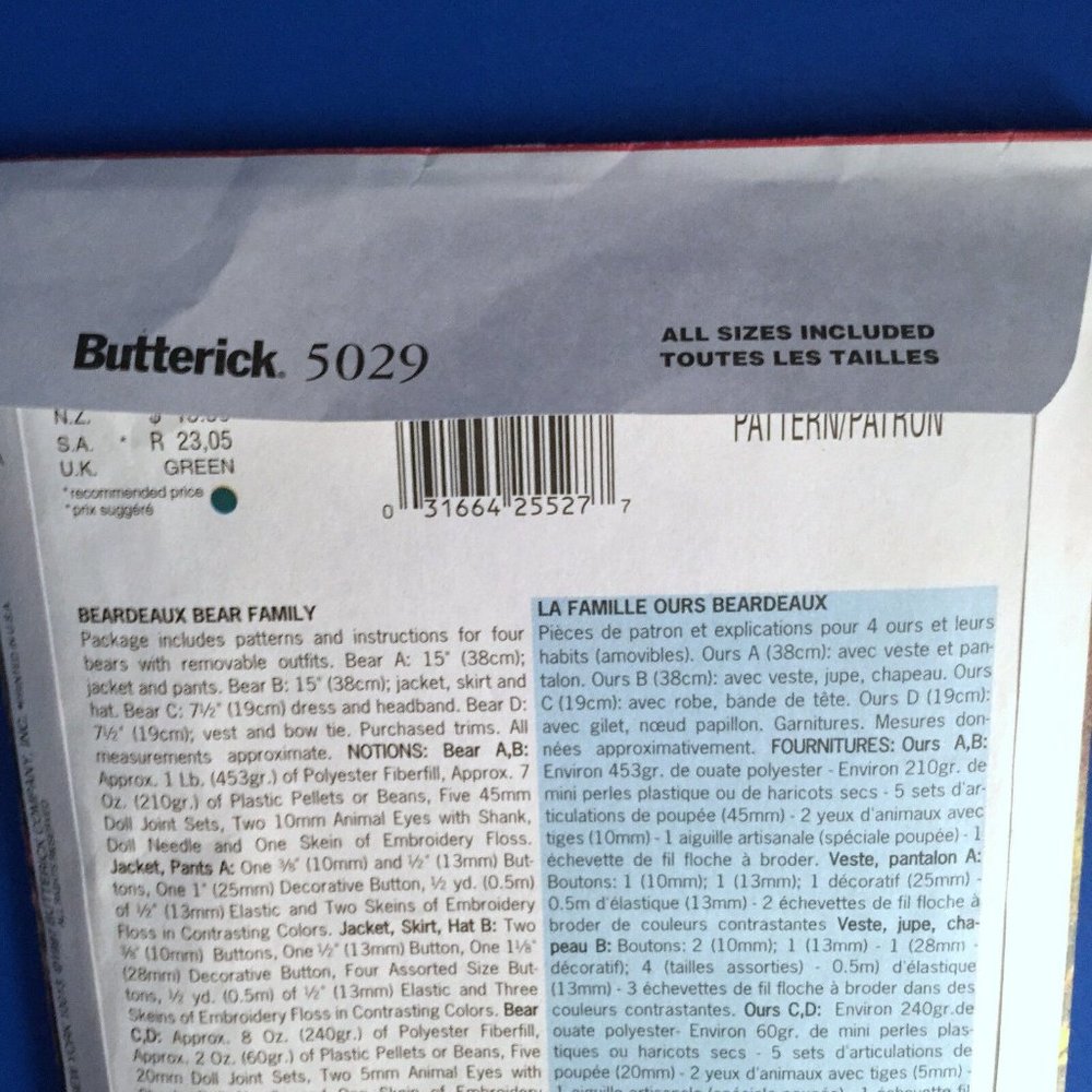 Butterick Beardeaux Bear Family Sewing Craft Pattern 5029 4 Bears and Clothes UC - Picture 5 of 5